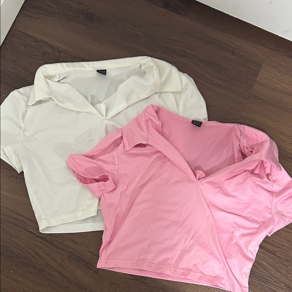 SHEIN Pink and White Collared Tops